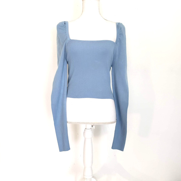 Lulus SIZE L Blue Fitted Blouse Long Sleeve Crop Top Square Neck CL21217L FLAW - Picture 1 of 15